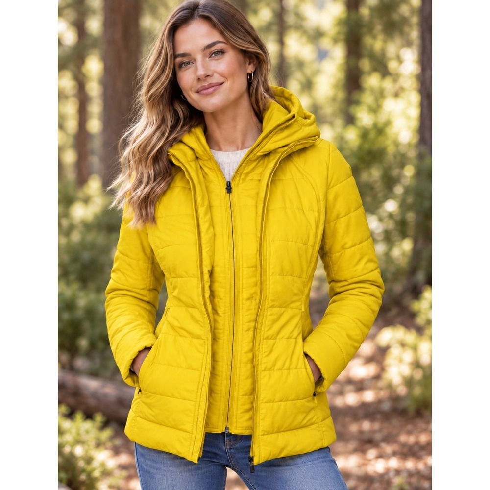 Lululemon Fluff Off Puffer Jacket Yellow Primaloft Hooded Quilted Coat Size 6